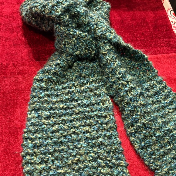 Handmade Accessories - Cozy Blue and Green Knit Scarf handknit teal green with yellow, green turquoise